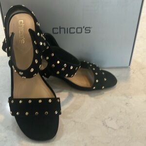 Chico's Black Suede Studded Women's Sandals Chunky Heel Sz‎ 7.5- W/ Box- EUC